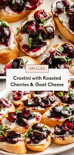 crostini with roasted cherries and goat cheese on a platter for sale