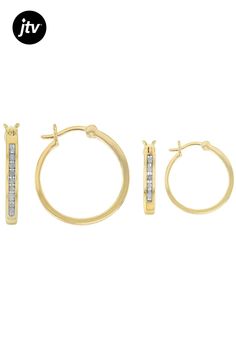 0.25ctw round white diamond, 14k yellow gold over sterling silver set of 2 hoop earrings. Measure approximately 5/8"L x 1/16"W and 13/16"L x 1/16"W and have saddleback backings. White rhodium enhanced prongs. Gold Hoop Jewelry With Channel Set, Gold Round Channel Set Diamond Earrings, Gold Round Diamond Earrings Channel Set, Everyday Diamond Channel Set Jewelry, Everyday Gold Channel Set Jewelry, Everyday Gold Jewelry With Channel Set, Everyday Yellow Gold Channel Set Jewelry, White Diamond, Hoop Earrings