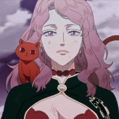 an anime character with pink hair holding a red cat in front of her face and looking at the camera