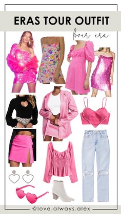 a collage of pink outfits and accessories for women with text overlay that says eras tour outfit