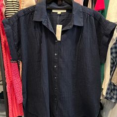 Loft Nwt Gauze Short Sleeve Navy Blue Button Down . Pleated Shoulder. Cuffed Short Sleeve. Ptp- Oversized- 25-26”, Length Hi/Lo 26/29.5” Navy Button-up Tops With Pockets, Blue Relaxed Fit Short Sleeve Button-up Shirt, Navy Cotton Button-up Short Sleeve Shirt, Navy Short Sleeve Relaxed Fit T-shirt, Unstructured Indigo Button-up Shirt, Cuffed Shorts, Button Downs, Button Down Shirt, Navy Blue