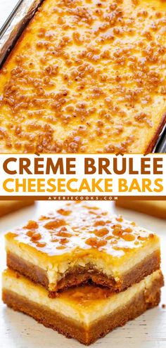 A simple dessert featuring crème brûlée cheesecake! From the thick, chewy sugar cookie crust to the smooth, velvety filling to the slightly melted toffee bits on top, this cheesecake bar recipe is sinfully decadent. Indulge in this easy-to-make sweet treat! Creme Brulee Cheesecake Bars, Brulee Cheesecake, Easy Bars, Cheesecake Bars Easy, Creme Brulee Cheesecake, Sugar Cookie Crust, Averie Cooks, Cheesecake Bar Recipes, Make Ahead Desserts