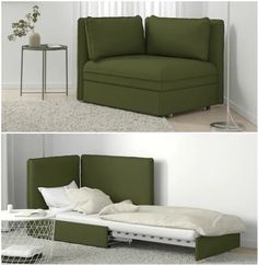 two pictures of a couch and bed in different stages of being made into a sofa