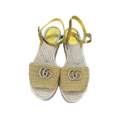 Gucci Lilibeth Gold Platform Espadrille Flat Sandals Slide Pearl Gg Logo 39 Us 8 Gold Platforms, Platform Espadrilles, Flat Espadrilles, Sandal Espadrille, Flat Sandals, Women's Shoes Sandals, Shoes Sandals, Espadrilles, Gucci