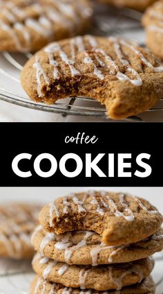 coffee cookies with white icing on top and the words coffee cookies above them are stacked in front of each other