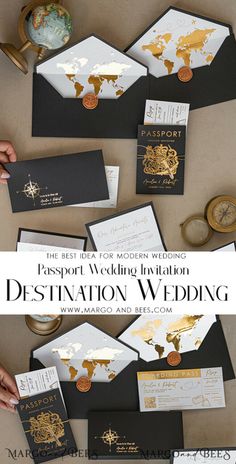 passport wedding stationery with gold foil on black and white envelopes, which are decorated with world map