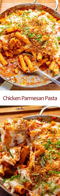 chicken parmesan pasta in a skillet before and after being cooked