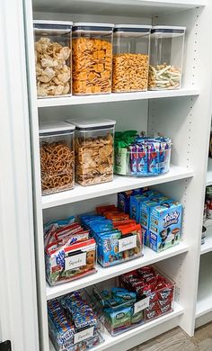 the shelves are filled with snacks and other items