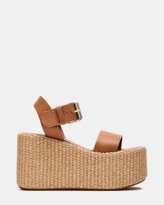 SUNSET Tan Leather Platform Wedge Sandal | Women's Sandals – Steve Madden Kitten Heel Slingbacks, Comfortable Wedges, Leather Wear, Platform Wedge Sandals, 4 Inch Heels, Platform Wedge, Heeled Loafers, Dress Sandals, Wedge Sandal