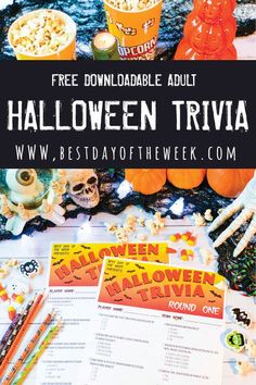 the halloween trivia is on display with candy and other items to make it look like they