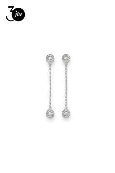 Rhodium over 14K white gold polished circles dangle stud earrings with 0.12 cttw natural round diamonds. Measures approximately 1 11/16"L x 1/4"W and have post and push back closures. White Gold Halo Design Dangle Diamond Earrings, Sterling Silver Dangle Diamond Earrings With Halo Design, White Gold Dangle Diamond Earrings With Pave Setting, White Gold Dangle Earrings With Halo Design, White Gold Drop Diamond Earrings, White Gold Round Linear Earrings Fine Jewelry, Sterling Silver Single Cut Diamond Drop Earrings, White Gold Cubic Zirconia Linear Dangle Earrings, White Gold Cubic Zirconia Linear Earrings