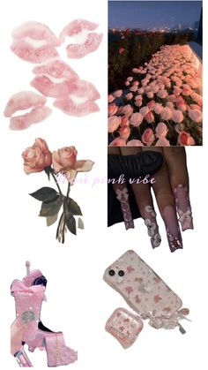 pink nail polish and accessories are shown in this collage with roses, laces, and gloves