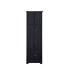 a tall black cabinet with four doors on the front and two drawers on the back