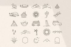 a collection of hand drawn icons on a white paper textured background, including mountains and trees