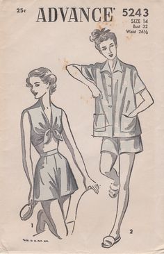 This vintage Advance sewing pattern was designed in 1949. It makes a pajama set with a front tied bra top, a boxy jacket and shorts. Size 14: Bust 32   ---   Waist 26 1/2   ---   Hip 35. It is an unprinted pattern that is complete and includes instructions. The envelope is in good vintage condition. For more vintage lingerie patterns: https://www.etsy.com/shop/studioGpatterns?section_id=6940927 To visit my shop: https://www.etsy.com/shop/studioGpatterns 1940s Design, Vintage Dress Sewing Patterns, Poolside Outfit, Advance Patterns, Lingerie Patterns, Pajama Pattern, Lingerie Vintage, Short Bra, Short Sleeve Jacket