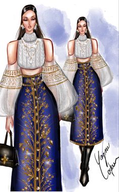 a drawing of two women in blue and white dresses with gold trims on them