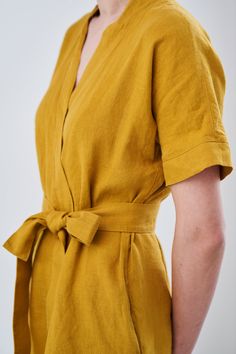 "MsWrinkle's clothing - from human to human. 100% handmade. *Description* - Kimono sleeve wrap dress with belt and pockets; - High quality European linen; - Washed and softened (doesn't shrink anymore); - Medium weight linen (150 g/m2); - Our linen is OEKO-TEX certified that meets human ecological safety requirements; - Model is wearing size S in honey yellow and forest green color (other sizes and colors please choose on the right); - Not transparent; - Not ironed and we suggest to use tumble d Womens Summer Dress, Long Linen Shirt, Style Wrap Dress, Kimono Sleeve Dress, Linen Slip Dress, Linen Wrap Dress, Linen Kimono, Linen Shirts Women, Honey Yellow