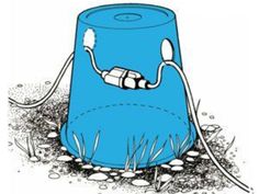 an image of a blue trash can that is plugged into the ground with wires attached to it