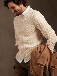 Cable-Knit Sweater | Banana Republic Mens Ribbed Sweater, Mens Academic Fashion, White Cable Knit Sweater Outfit Men, White Knit Sweater Outfit Men, Mens Cable Knit Sweater Outfit, Beige Knit Sweater Outfit Men, Sweater Collared Shirt Outfit Men, Men Cable Knit Sweater, Cable Knit Sweater Men