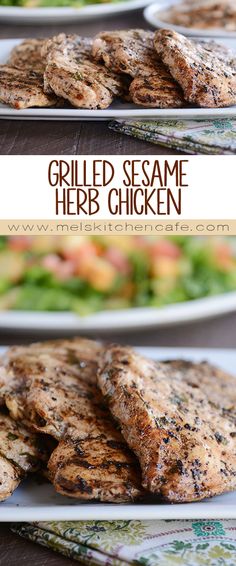 grilled sesame herb chicken on a plate with salad in the background and text overlay that reads grilled sesame herb chicken