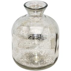 a glass vase with silver speckles on the bottom and an oval base is shown against a white background