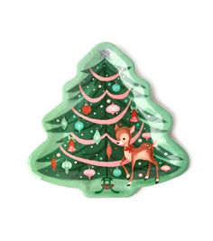 a plastic christmas tree shaped ornament with a deer on the front and pink ribbon around it