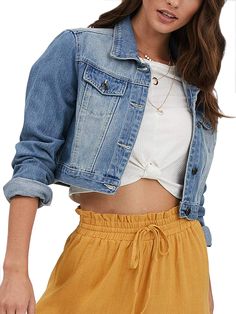 PRICES MAY VARY. Semi crop,2 chest pockets,Long sleeves,Unlined,Ideal with skin coloured underwear. True to size,Model is a Size XS & is wearing a Size S/M. Perfect for almost any occassion and every season. The denim jacket is essential for every girl and can never do you wrong. Easy care. Make a statement with this denim jacket this weekend! It's the perfect addition to any wardrobe, you'll love to pair it with your fave trackies for the ultimate comfort. Double Denim Fashion, Denim Jacket Cropped, Denim Jacket Long, Boyfriend Denim Jacket, Packing Clothes, Buy Jeans, Crop Jean Jacket, Boyfriend Denim, Jean Jacket Women