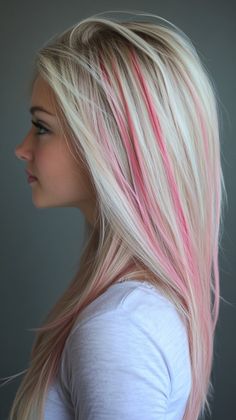 Add pastel pink peekaboo highlights to the back of your hair for a fun and unique look. Visit our page for tips on achieving this beautiful style. Save this pin for peekaboo highlight ideas! Tags: #PastelPinkPeekaboo #HairColor #UniqueLook Hot Pink Peekaboo Hair Blonde, Peekaboo Hair Colors Blonde, Black And Rainbow Hair, Fun Blonde Hair Ideas, Blonde Hair With Pink Streaks, Pink Streaks In Blonde Hair, Blonde Hair With Pink Underneath, Blonde Hair With Color Peekaboos, Pink Peekaboo Highlights