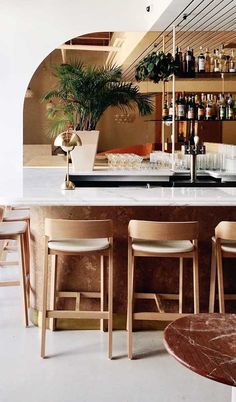 a bar with several stools in front of it