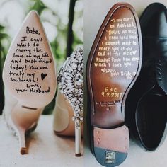 wedding shoes with hand written messages on them