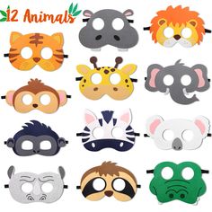 12 animal masks with different colors and designs for children to wear on halloween or birthdays