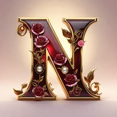 the letter n is made up of flowers and pearls on it's sides,