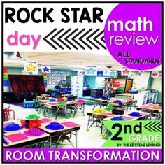 a classroom with desks and chairs in front of the poster for rock star math test prep