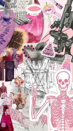 a collage of pink and black images with different things on them, including a skeleton