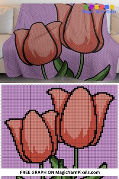 a cross stitch pattern with three pink flowers on the front and back of a couch