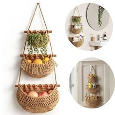 Features: The hanging basket adopts 3 tier design, 3 basket can be used independently or together. Woven from high quality jute rope material, which is strong and reliable to use. Very suitable for holding onions, garlic, potatoes, fruits, toys, daily necessities etc. Stylish bohemian design adds a decorative touch to any home decor. Comes with a black hook and an adhesive hook for hanging. Specification: Item name: Hanging Fruit Basket Color: as shown Material: jute rope Overall height: 90cm Ba Boho Wall Basket Decor, Hanging Fruit Basket, Living Bathroom, Produce Baskets, Wand Organizer, Hanging Fruit Baskets, Over The Door Organizer, Jute Hanging, Fruit And Vegetable Storage