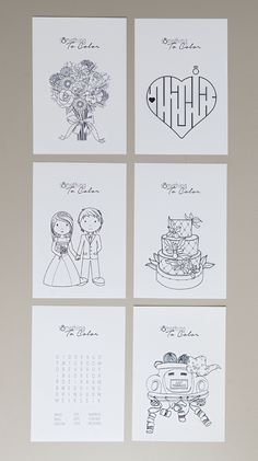 four wedding cards with the same drawing on them