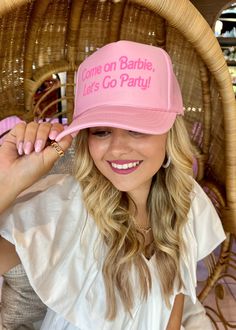 Show your Barbie spirit and pair this hat with all your cute outfits. Hats by Madi Otto brand trucker hat Pink Novelty Summer Party Hats, Trendy Mini Hats For Summer Party, Trendy Adjustable Cap Costume Hat, Trendy Adjustable Cap Costume Headpieces, Fun Party Cap Hat, Fun Party Snapback Baseball Cap, Fun Snapback Baseball Cap For Parties, Fun Party Cap, Casual Mini Hats For Summer Party