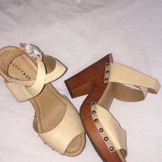 Never Worn Tan With Silver Hardware. Wood Wedge Heel. Size 9 Lucky Brand Shoes, Brand Shoes, Womens Shoes Wedges, Silver Hardware, Wedge Heels, Heeled Mules, Lucky Brand, Mule Shoe, Clogs