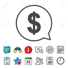 a speech bubble with a dollar sign in it and various icons around it stock photo