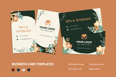 business card template with flowers and leaves on the front, side and back cover for spa & massage