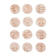 twelve pink minnie mouse buttons with the names of each disney character