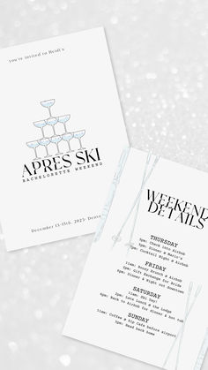 two cards with the words apres ski on them and an image of champagne glasses