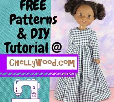 a doll is standing next to a sewing machine with the words free patterns and diy