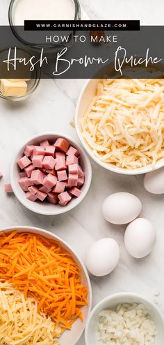 ingredients to make hash browns in bowls on a marble countertop with text overlay