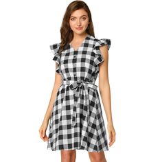 Create a retro silhouette with this vintage check shirt dress. This ruffled sleeve dress will see you through warmer days in effortless style. With an on-trend check print, this classic button-decor style boasts a shirt dress shape and nips in the waist with a tie waist for showing your waistline.Occasion: Weekend, Shopping, Daily Casual, etc. Size: large. Color: black. Gender: female. Age Group: adult. Pattern: Plaid. Material: Cotton. Check Shirt Dress, Ruffled Sleeve Dress, Checked Shirt Dress, Vintage Gingham, Plaid Dress Shirt, Check Dress, Dress Shapes, Gingham Dress, Gingham Check