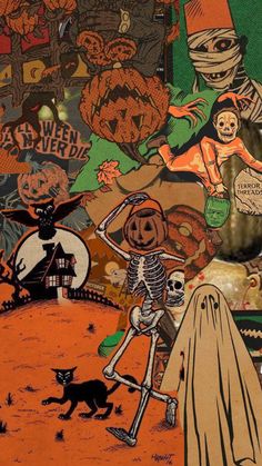 an image of a halloween scene with skeletons and pumpkins