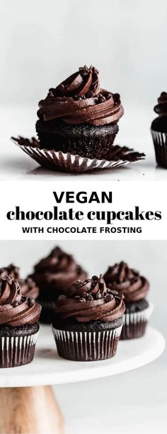 chocolate cupcakes on a cake plate with the words vegan triple chocolate cupcakes