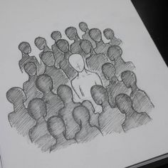 a drawing of a group of people with one person standing out from the crowd in front of them