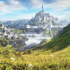 an image of a castle in the middle of a valley with trees and flowers around it